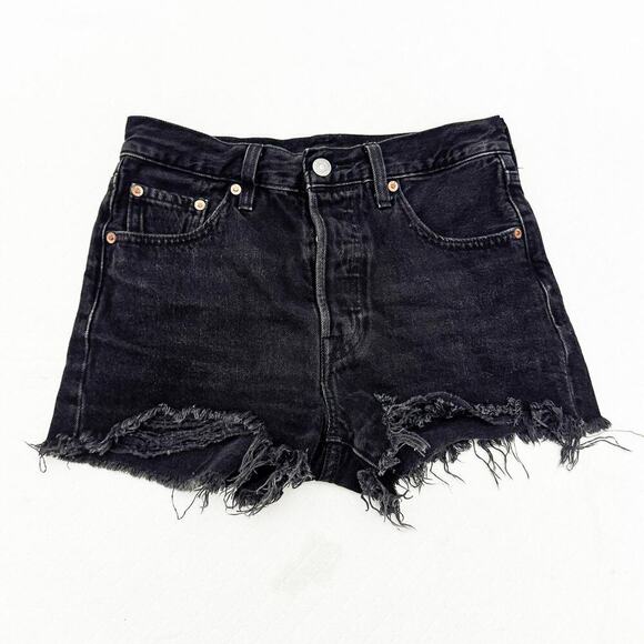 Levi's Pants - Levi's 501 Button Fly Black Charcoal Denim Cutoff Shorts Raw Hem Size 25